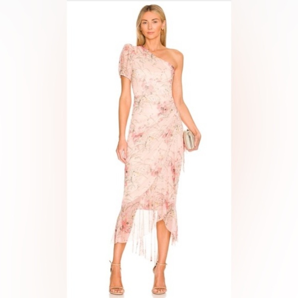 BCBGMAXAZRIA 1 Shoulder Asymmetric Ruffle Pink Floral Midi Evening Dress NWT XL